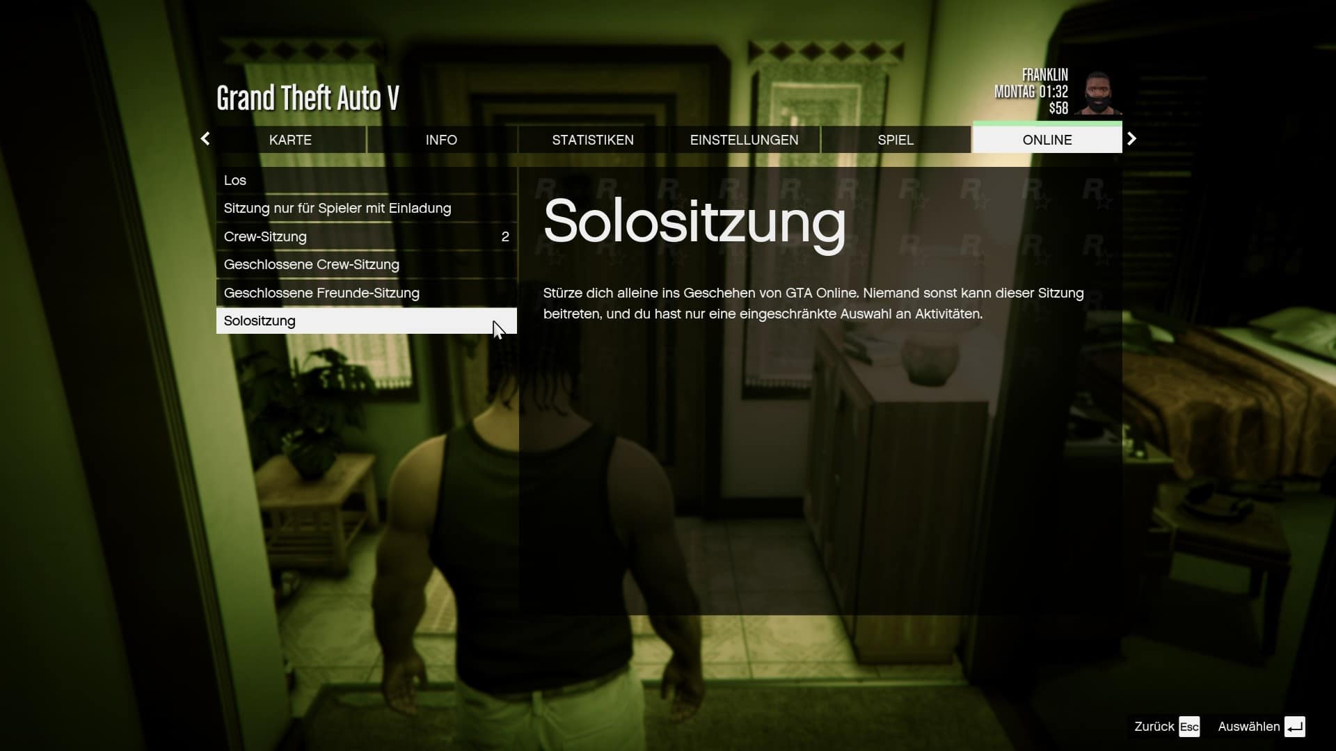 Solo or friends sessions can only be started in GTA Online via GTA 5's Story Mode.