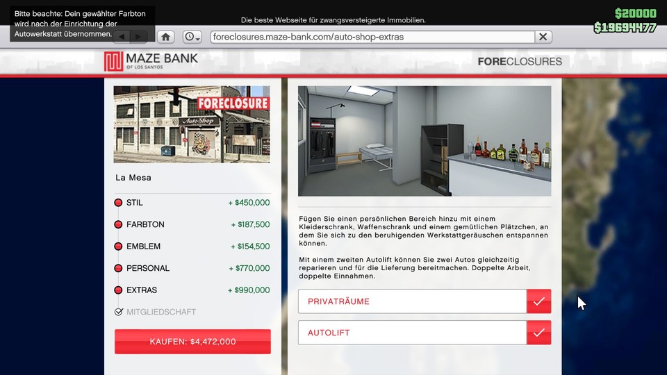 你可以通过游戏内的网站Maze Bank Foreclosures购买GTA Online的汽车工场，只要你在LS车展上支付了你的第一次访问费。