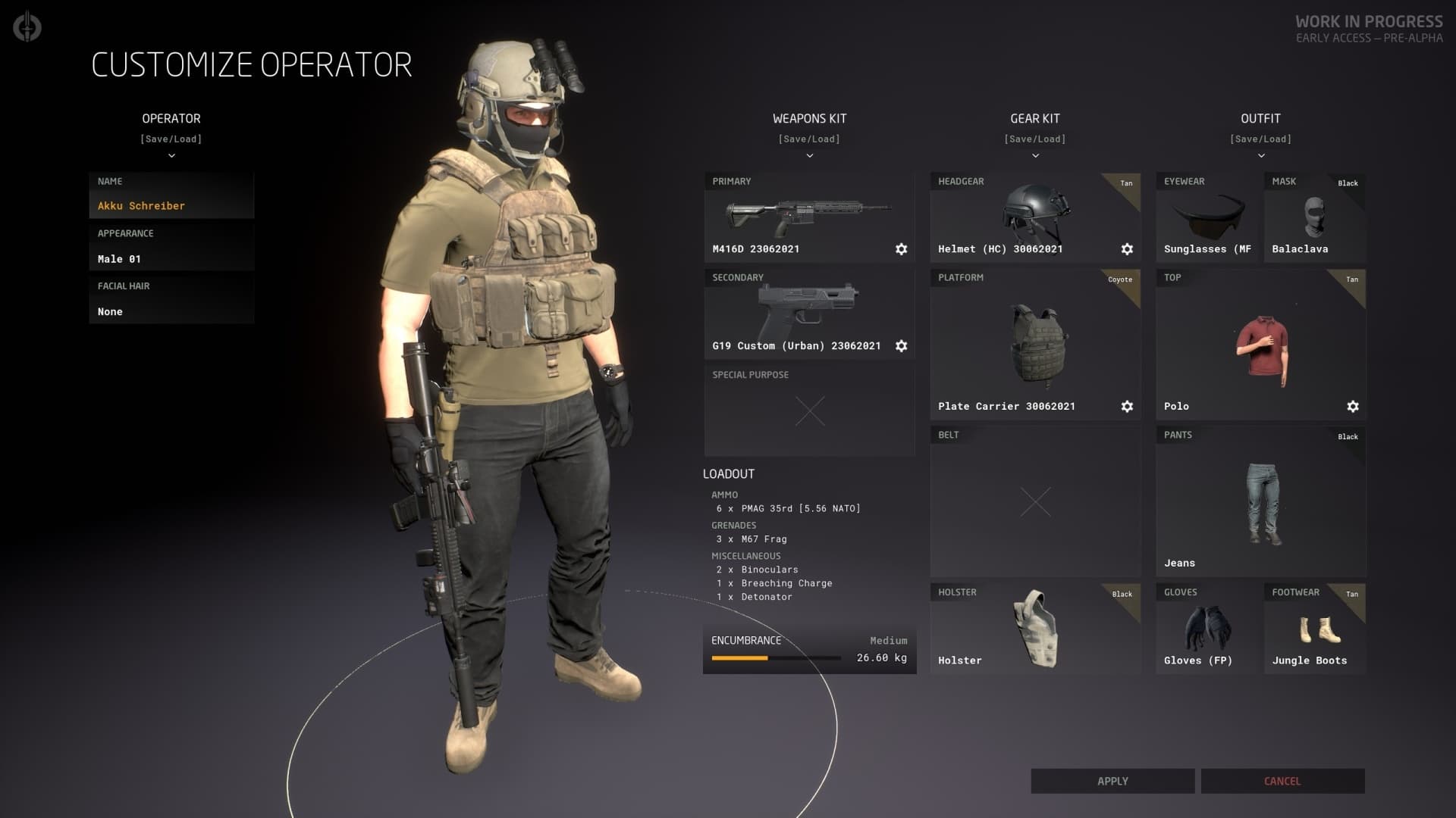 Your own operator in Ground Branch can be customised in detail, which also affects overall weight and thus movement speed.