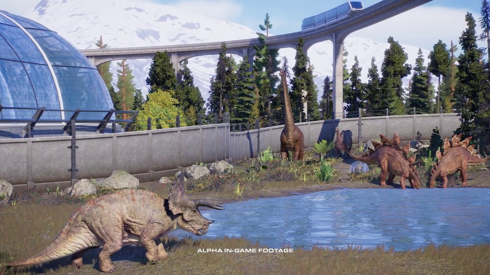 In Jurassic World Evolution 2 teilen sich verschiedene Dinosaurier gemeinsam ein Gehege.