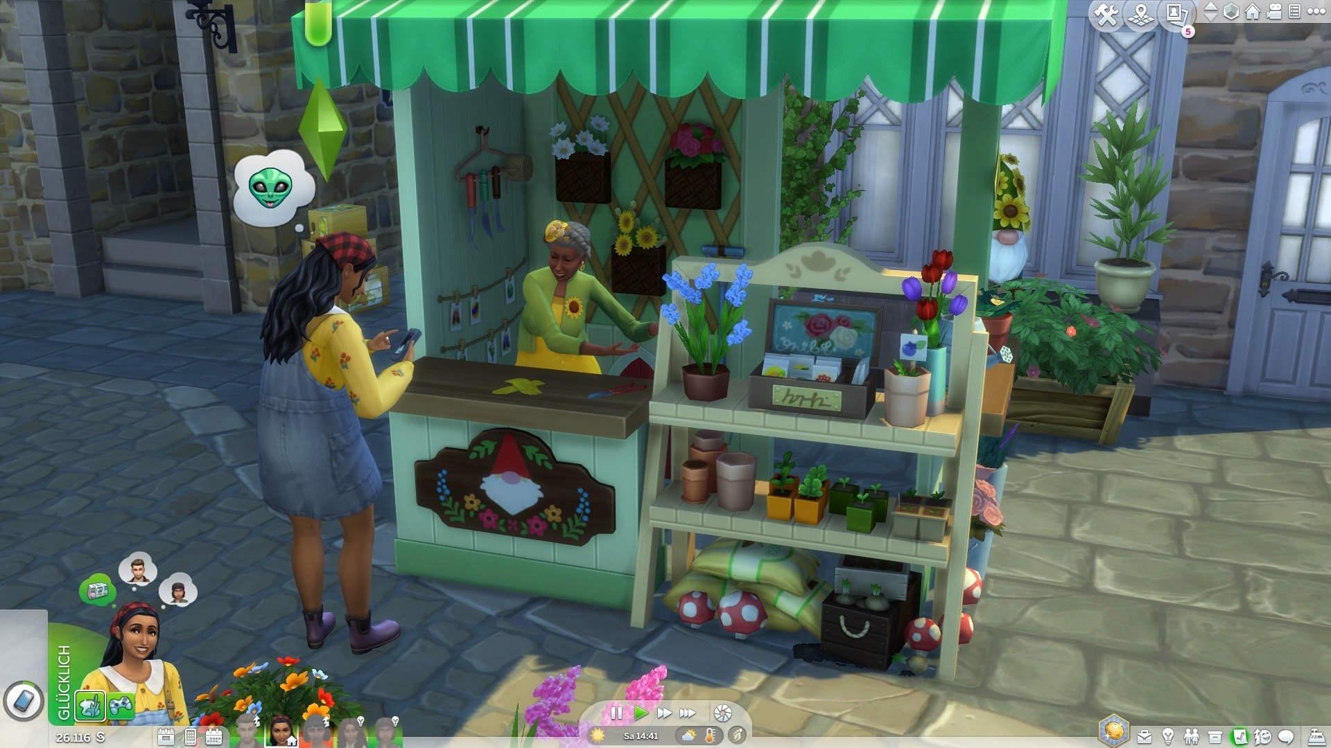 Am Grünzeugstand in Finchwick kaufen Sims Tier-Leckerchen und allerlei Gartenzubehör ein.