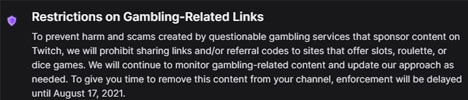 Twitch hat via Creator Update am 11. August die Änderungen von Glücksspielinhalten auf der Website verkündet. (Quelle: Twitch)