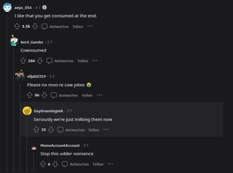 Op Reddit, woordgrappen over koeien rollen over