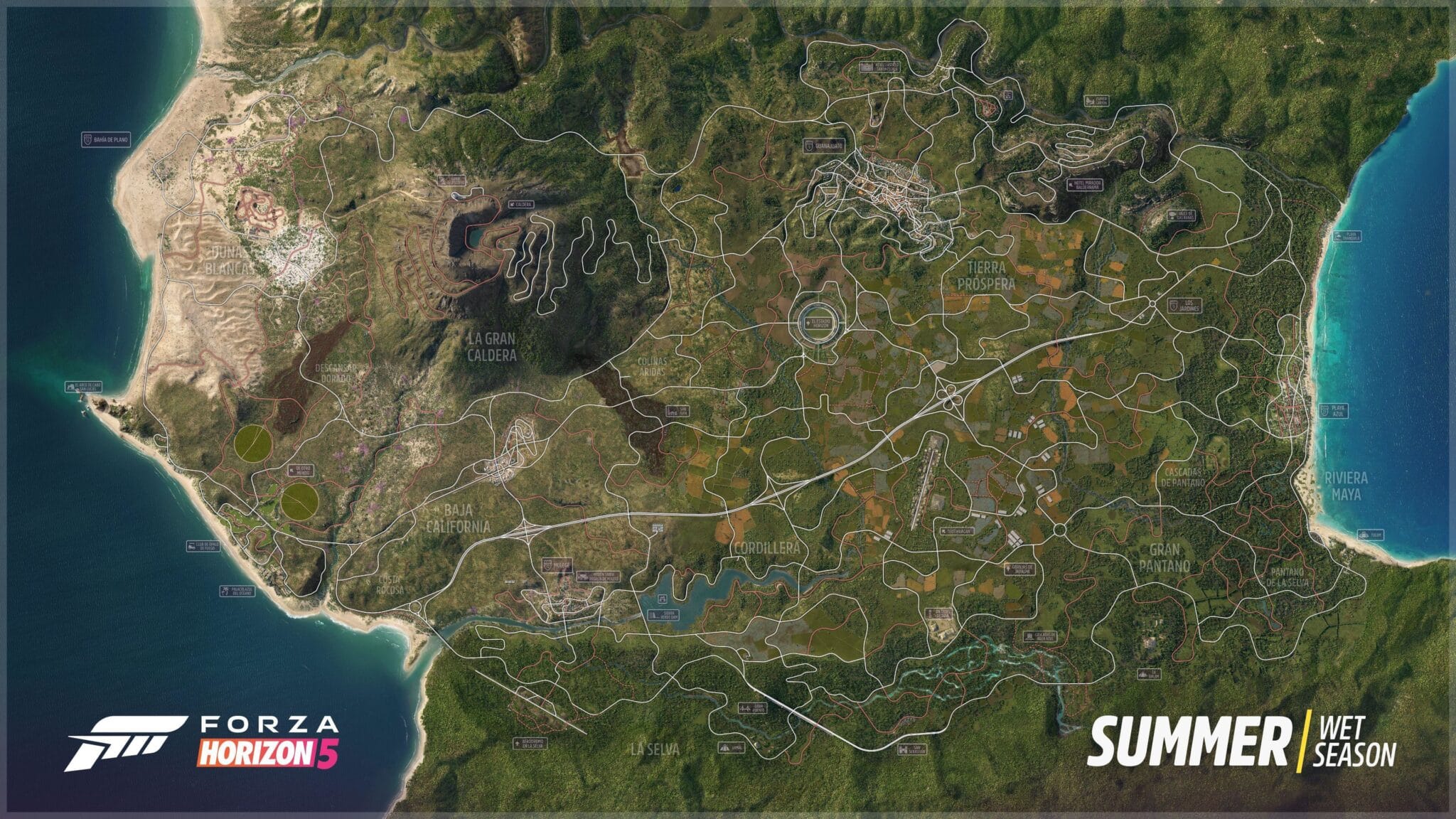 Kompletní letní mapa hry Forza Horizon 5.