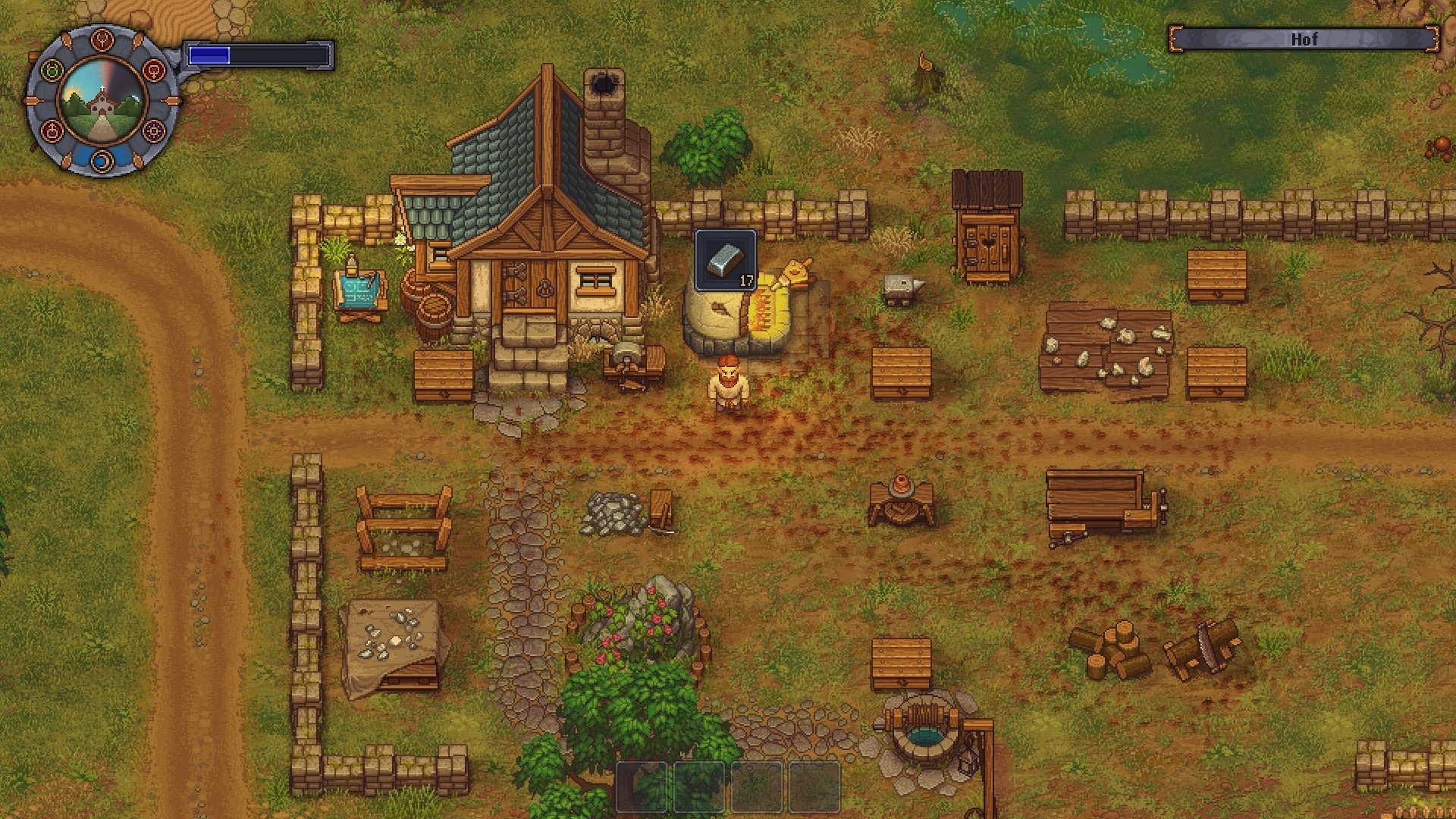 Our farm is the centre of our work in Graveyard Keeper. Here we process wood, stone, iron and craft from them everything we need for our morbid craft.