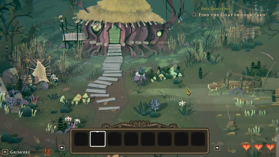 The swampy garden of the witch's cottage doesn't look very inviting yet.