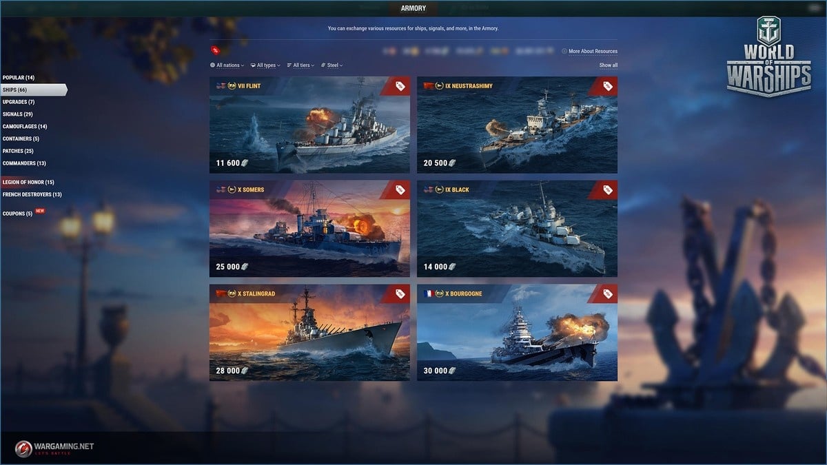 Будучи игрой Free2Play, World of Warships в основном можно играть бесплатно, но она привлекает игроков многочисленными возможностями потратить деньги: В магазине можно найти все - от кораблей до специальных скинов и бустеров очков опыта, но также и разблокировать, потратив достаточно времени.