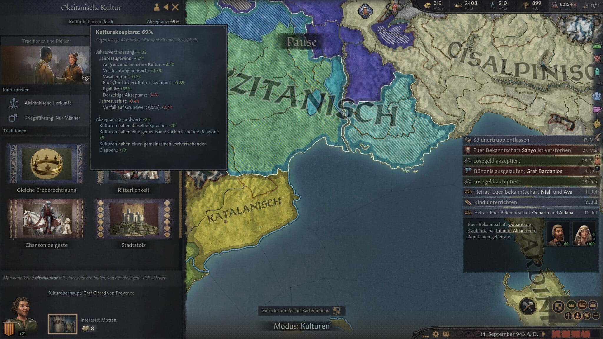 Characters can now learn languages. This gives them opinion bonuses with lords and peoples of those languages. Also, a custom court language system affects your splendour.