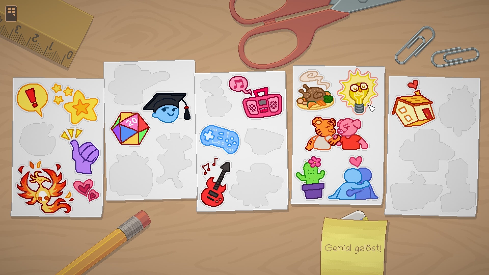 For every level completed and every success achieved, a new sticker ends up in the scrapbook.
