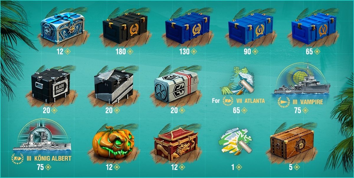 Wargamging sells special in-game items in boxes like these during the summer sales. But if you want them, you can't buy them directly, you first have to convert real money into doubloons, then use doubloons to buy summer tokens and finally use them to buy the boxes. The feeling for the money spent is thus lost.