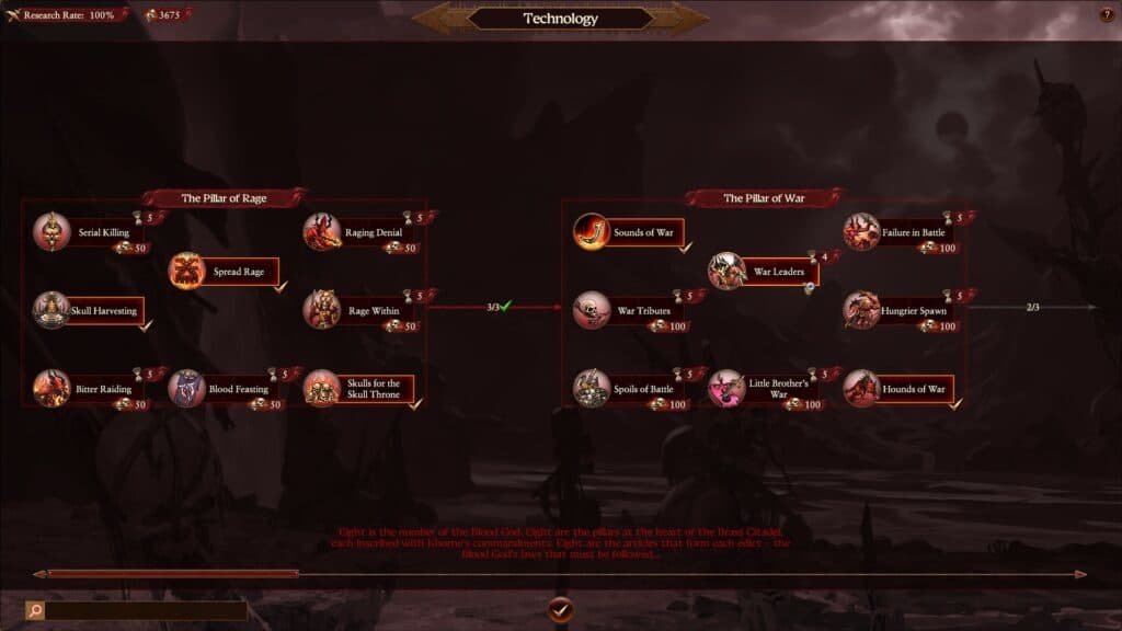 Khorne's techtree improves the striking ability of troops and consists of several columns of eight technologies each.