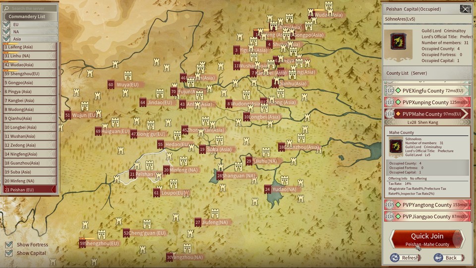 De gebieden in Myth of Empires zijn enorm, maar ook onderling verbonden: Hier, bijvoorbeeld, controleert onze gilde zowel de server (en dus Mahe County) als de hele cluster (de Peishan regio) - wat niet alleen een behoorlijke hoeveelheid belastinginkomsten oplevert, maar ook enviers op het toneel brengt.