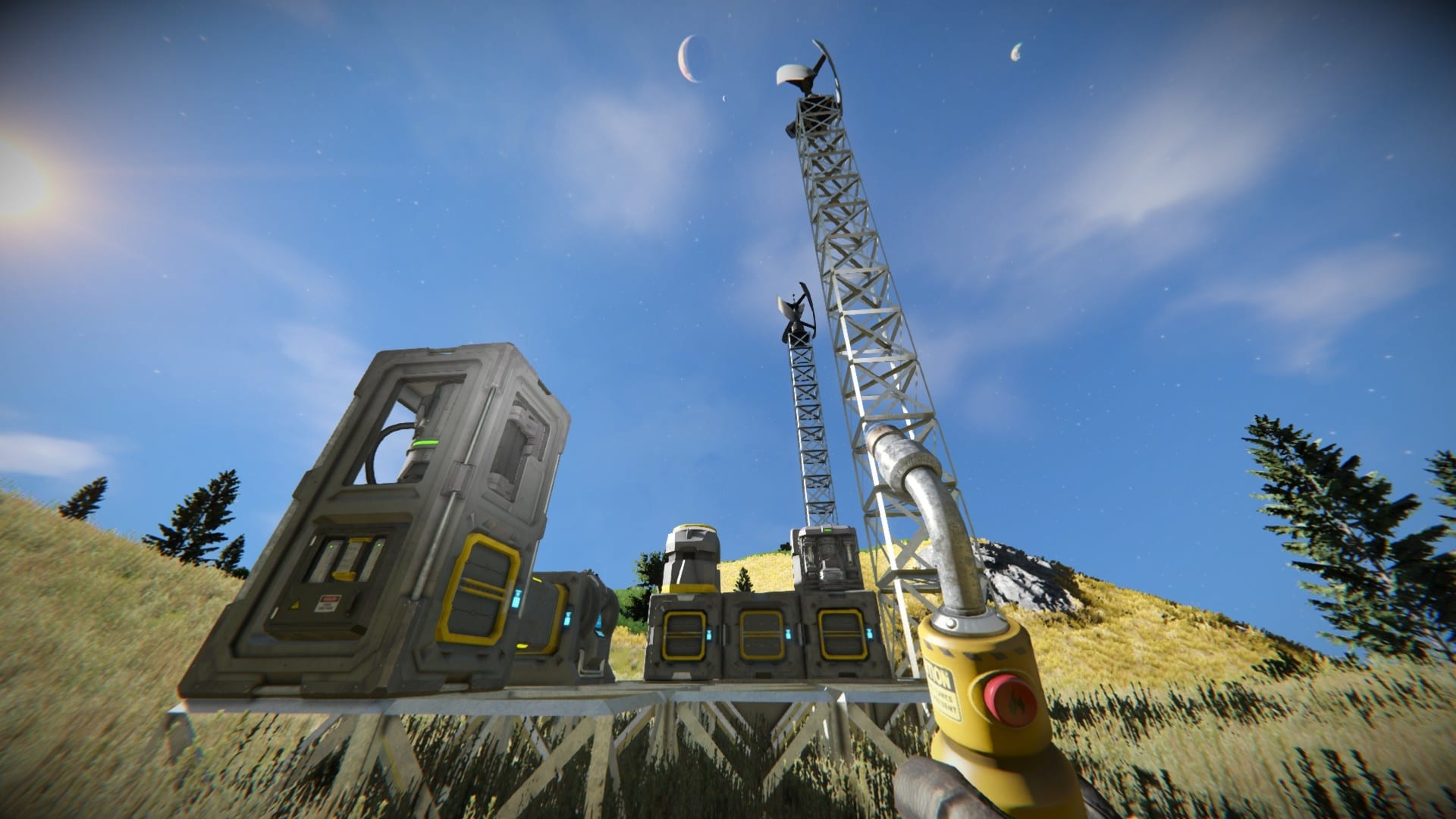 Voici à quoi ressemble une base de lancement typique en mode survie. Les turbines sont une bonne source d'électricité en début de partie.