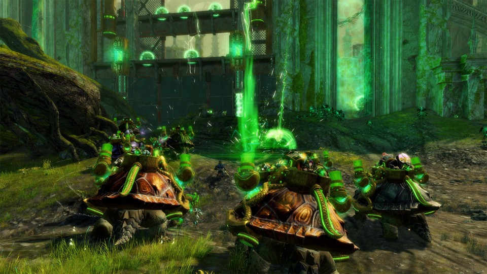 The siege turtles shoot up the entrance to the fort.