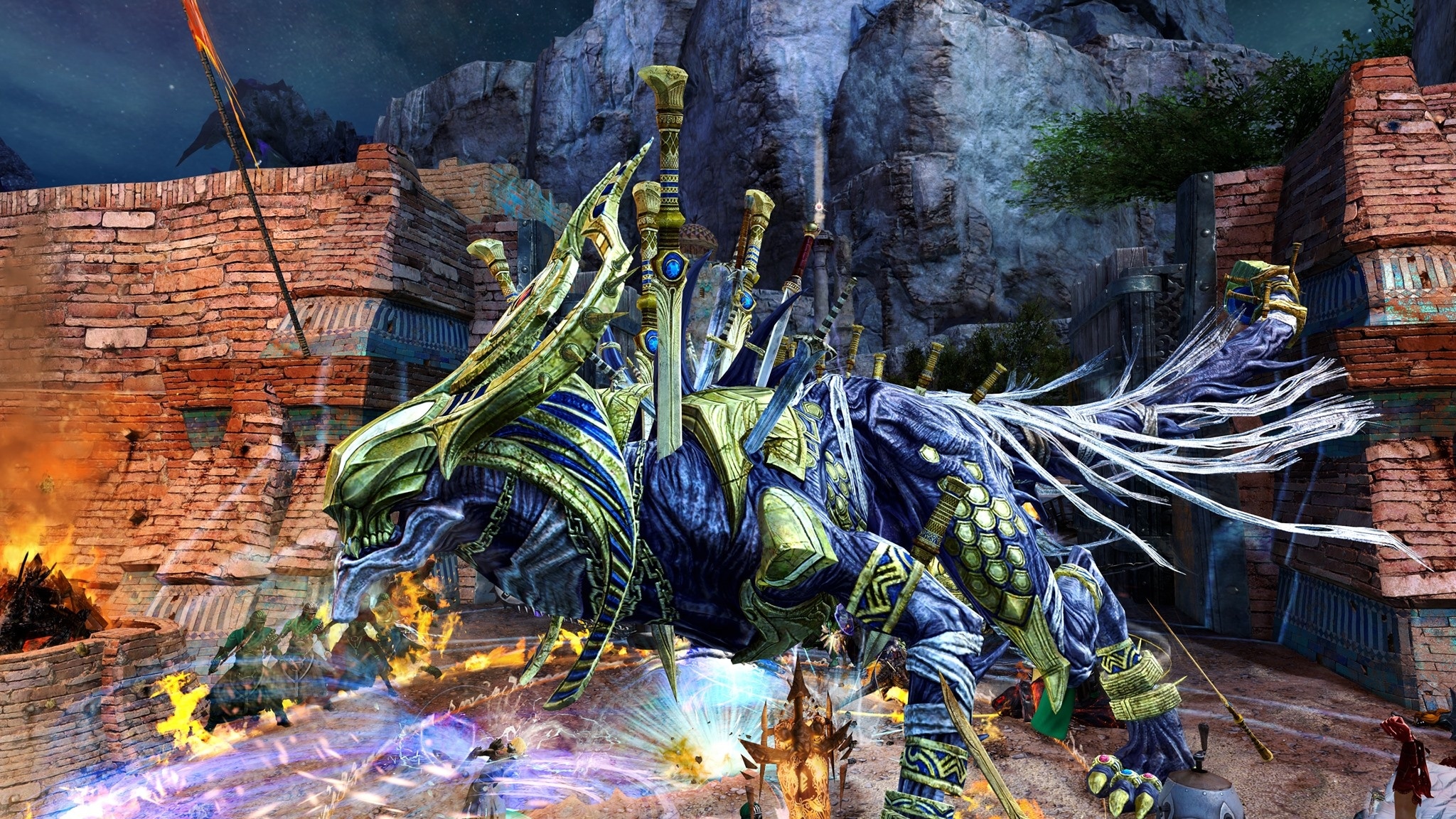 In de spelwereld van Guild Wars 2 is altijd en overal wat te beleven. Hier daalt een gemummificeerd katmonster neer op een dorp.