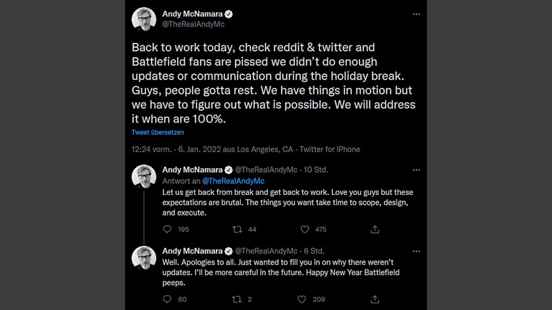 Andy McNamara ha fatto parlare i fan di Battlefield con questi tweet (ora cancellati).