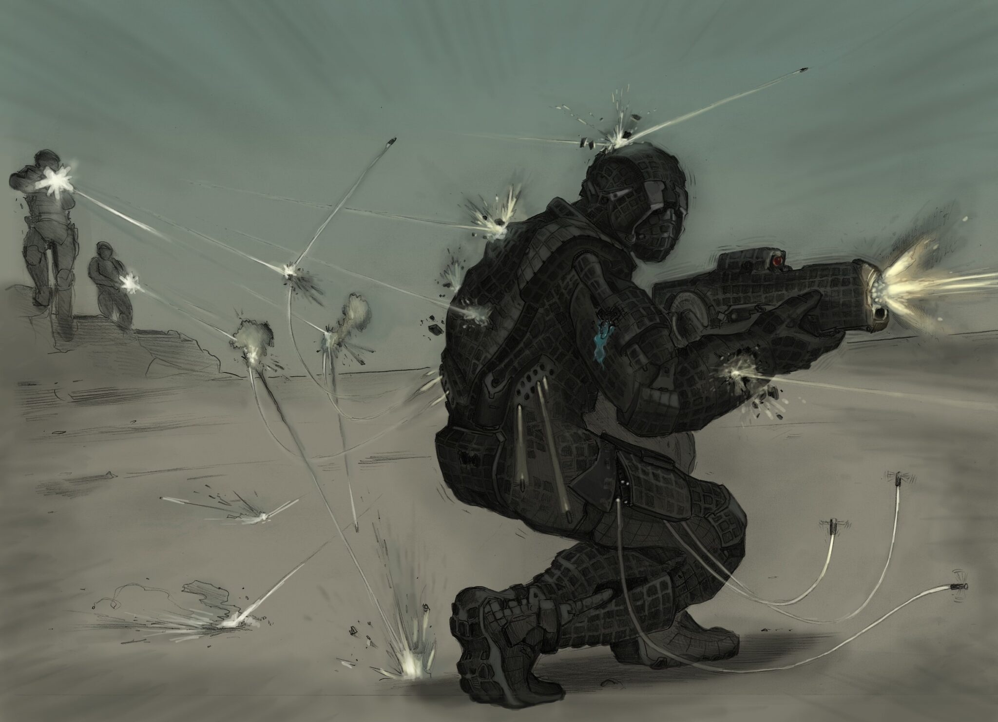 Early concept art shows the science fiction look of the armour planned for Stealth Ranger.