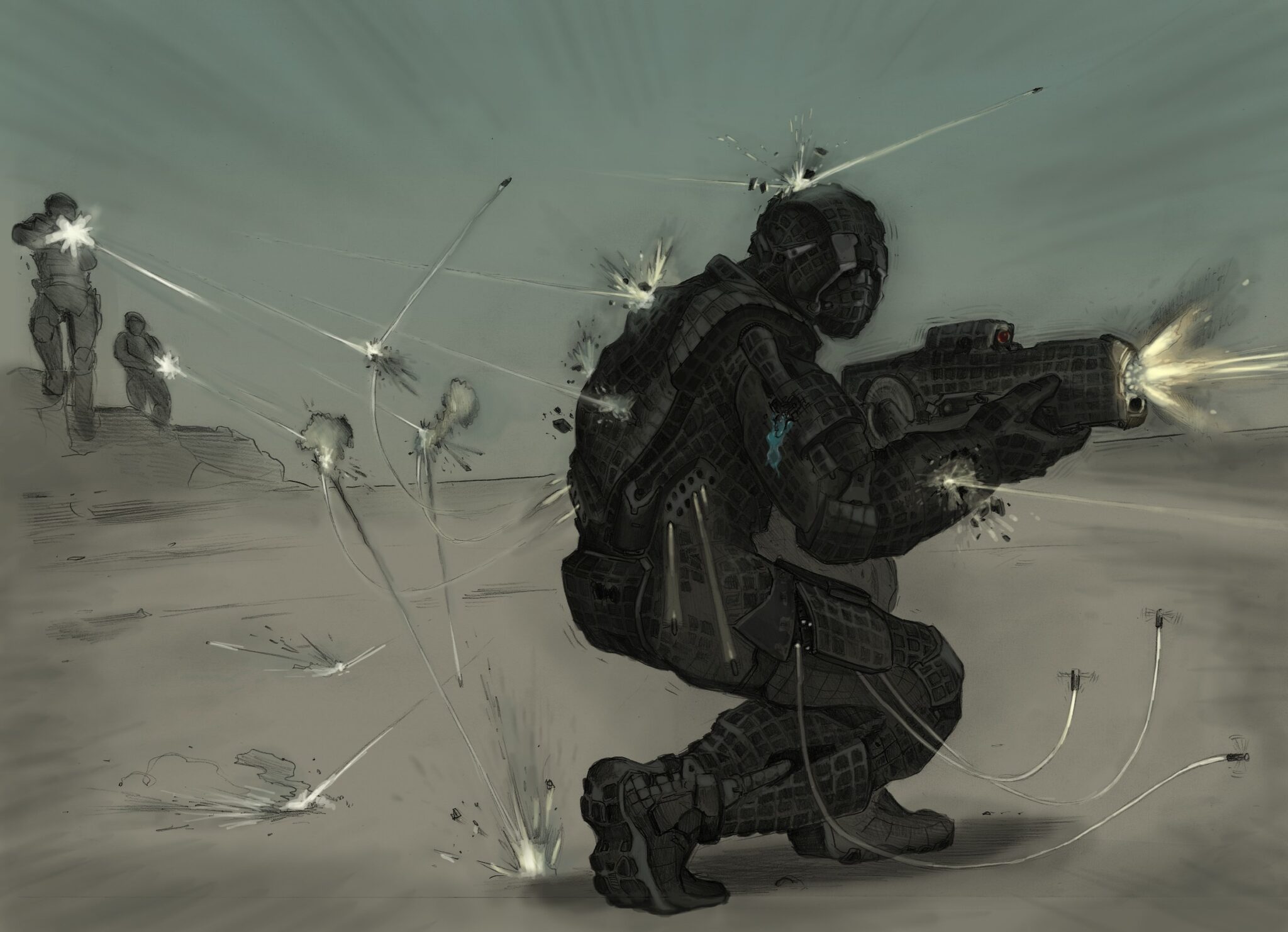 Vroege concept art toont de science fiction look van het geplande harnas voor de Stealth Ranger.