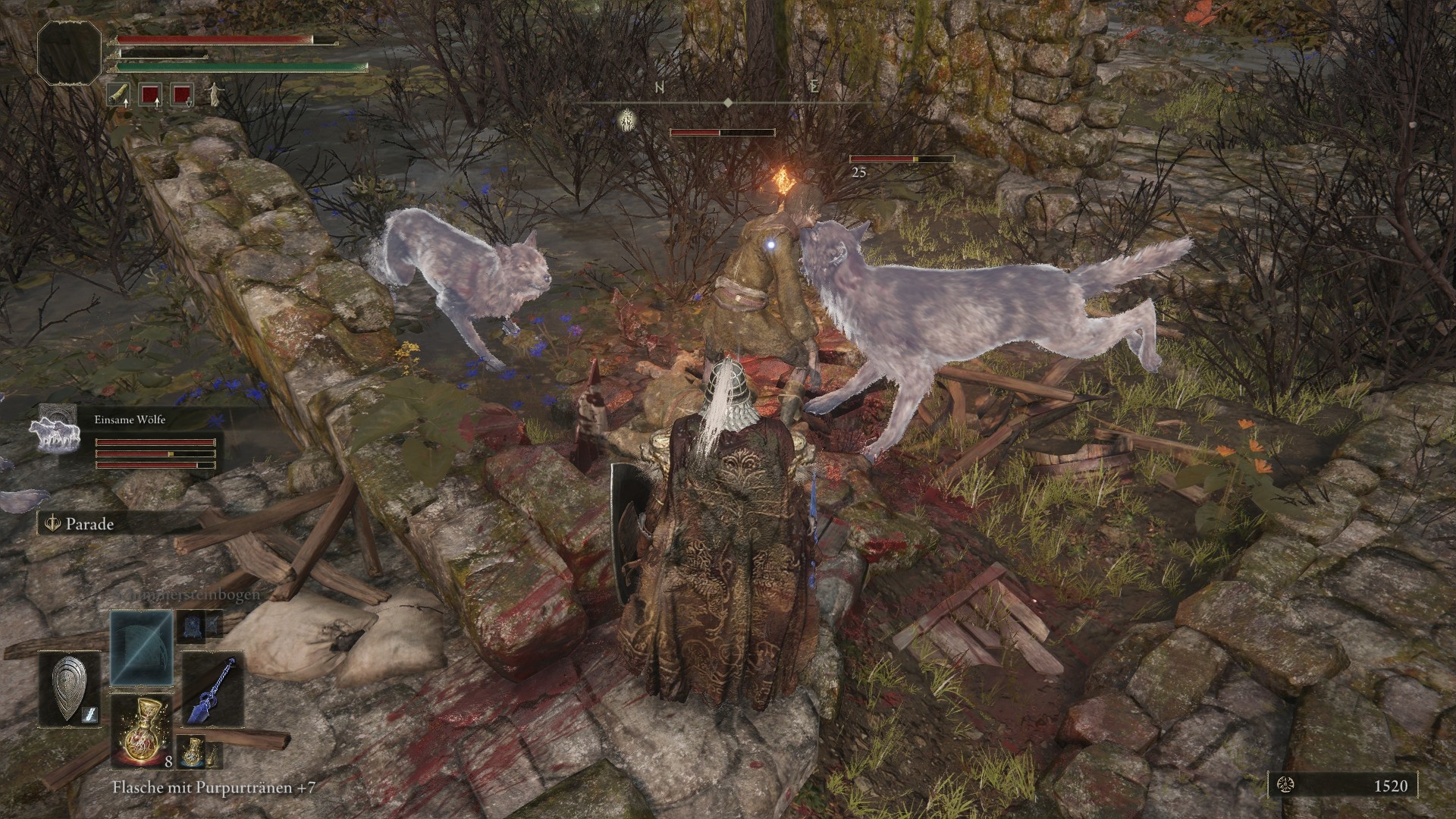 Ghost companions like these wolves here make short work of weaker opponents. In boss fights, they're more of a distraction, giving you a brief respite.