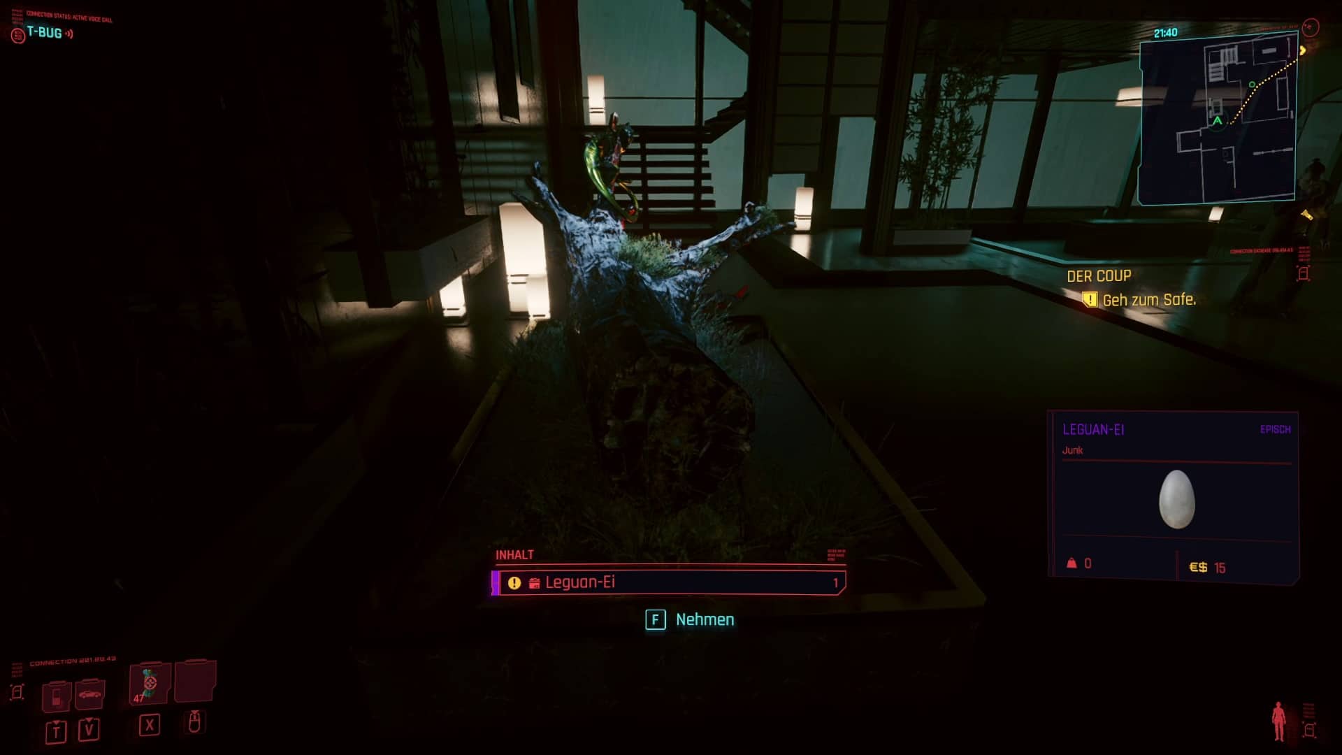 The best way to find the Iguana Egg is by the tree trunk in Yorinobu's flat when you are playing the main mission The Coup.