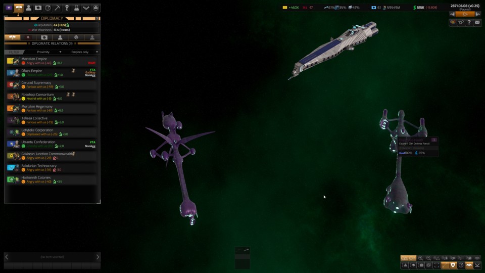 A frigate of our human allies (above) takes on the Talisea. However, we only see this battle as a jerky show without effects because Distant Worlds 2 cannot provide resources for it.