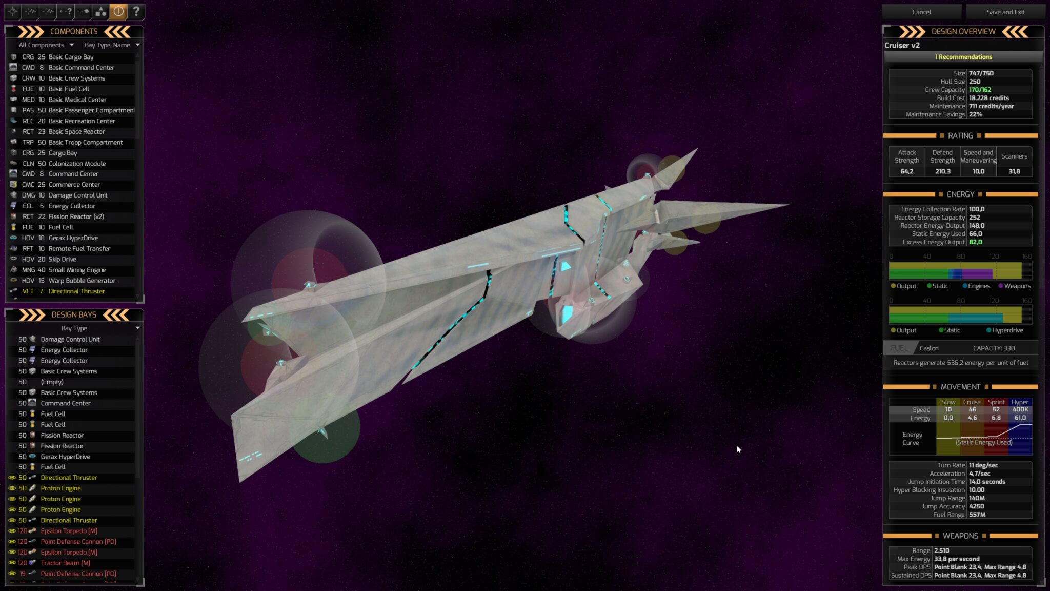 Statki mogą być wyposażone w broń, silniki i inne elementy za pomocą edytora, które Distant Worlds 2 następnie wyświetla na modelu 3D.