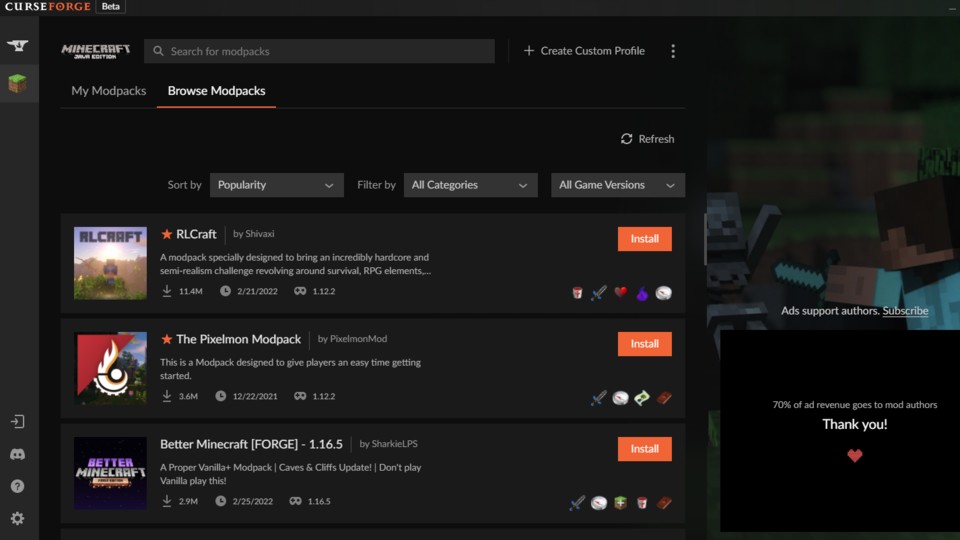 Aplikacja Curse Forge jest szczególnie dobra, ponieważ można w niej bezpośrednio wyszukiwać modów.
