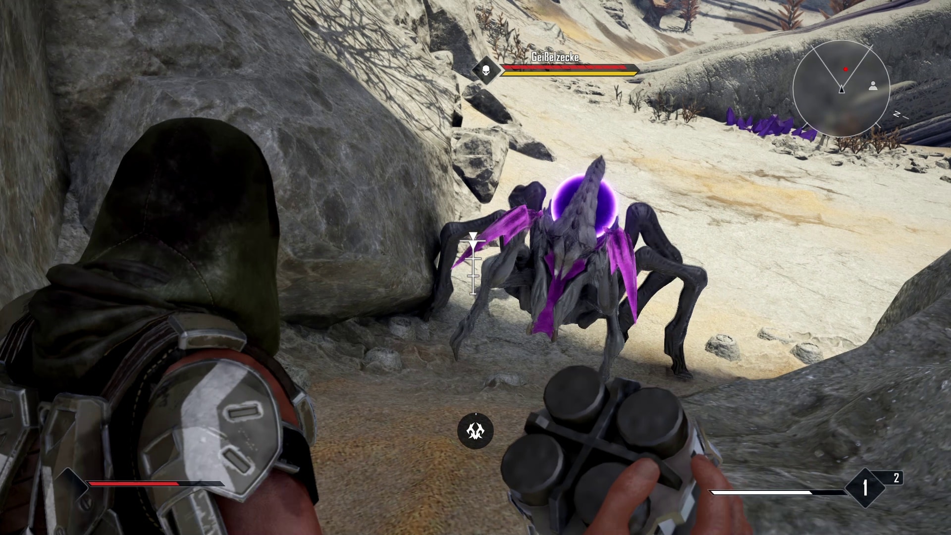 The purple Skyanids are extremely strong at first; the skull next to the life bar indicates that this spider will finish you off in no time.