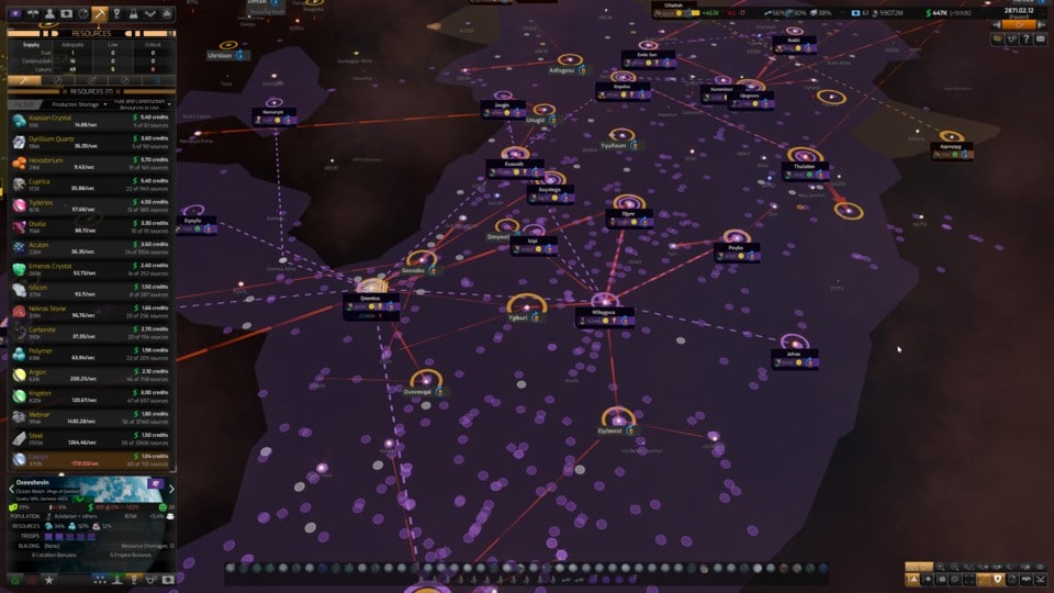 Muy bien: cuando hago clic en una materia prima en el menú de la izquierda, la superposición (las flechas rojas en el mapa) muestra automáticamente de dónde a dónde se está enviando actualmente. Menos bueno: no puedo ajustar las prioridades de entrega aquí.