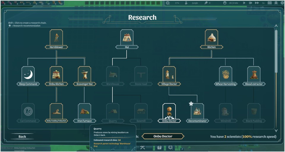 En el árbol de investigación desbloqueamos nuevos edificios que traen consigo cadenas de producción cada vez más complejas.