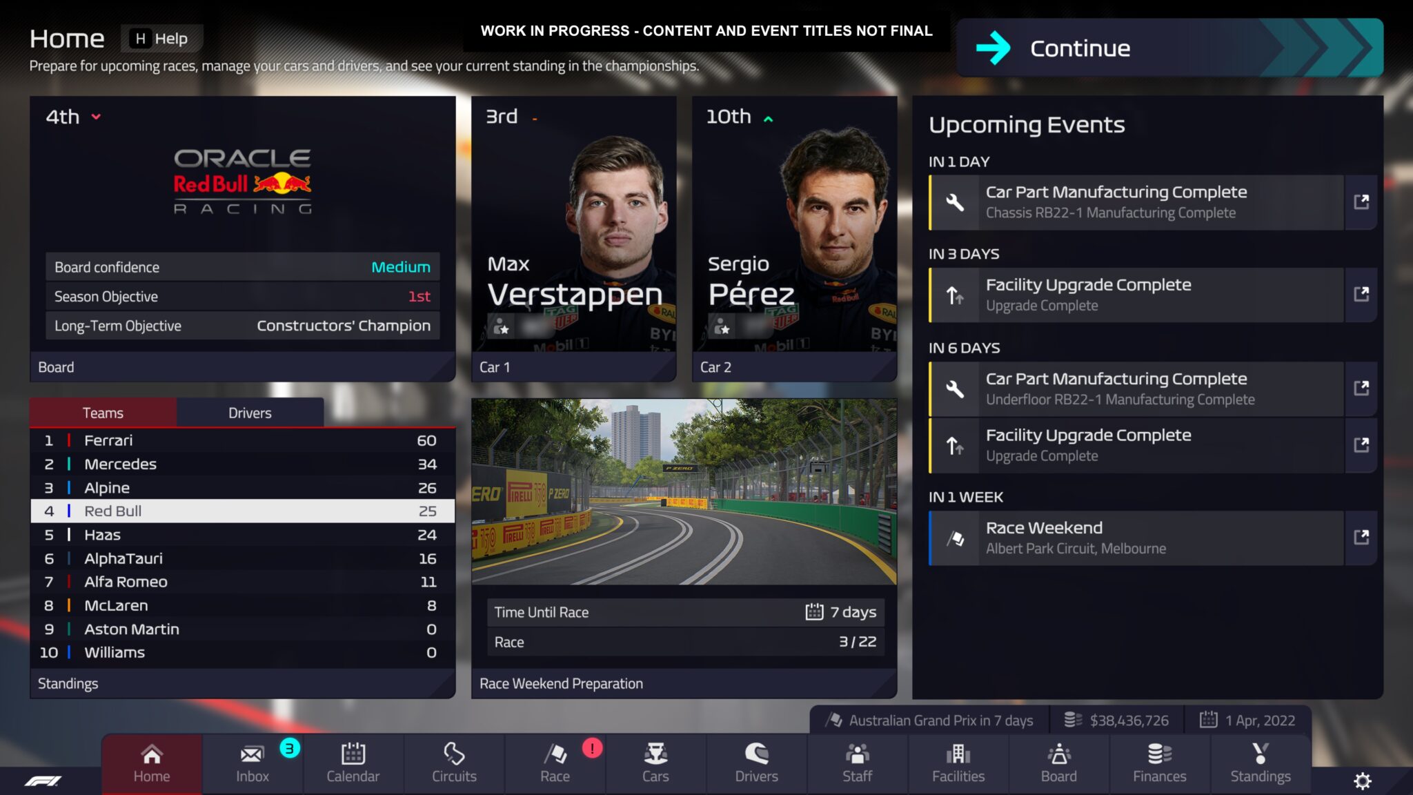 F1 Manager 2022 nabízí přehledné rozhraní s autentickým vzhledem Formule 1.