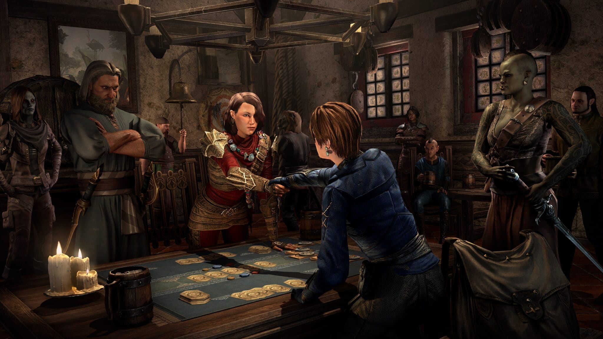 Les habitants de Tamriel aiment s'amuser en jouant aux cartes de gloire dans la taverne.