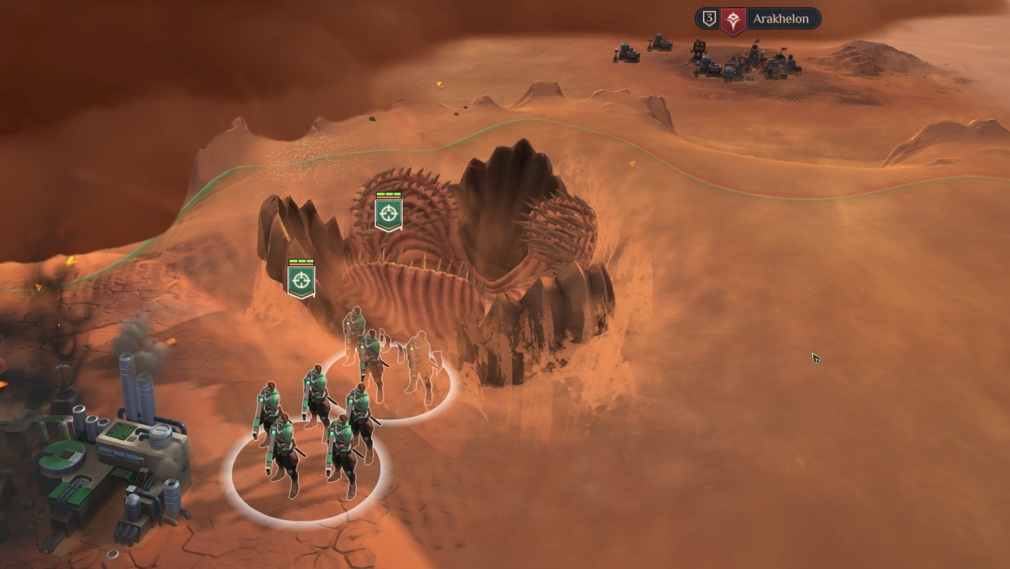 (There were only two left: A sandworm grabs the rear infantry squad. The giant beasts especially like our Spice Harvesters, but we can evacuate them automatically via Carryall air transport).