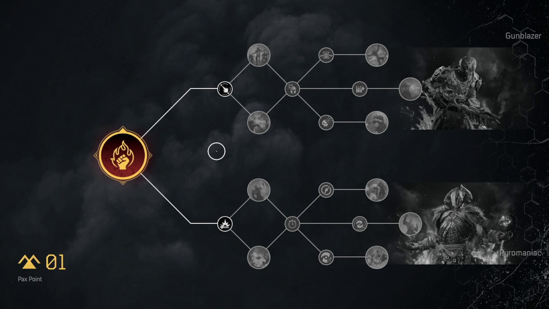 (This is what the Pax skill tree for the Pyromancer looks like. We can specialise one of two subclasses here first).