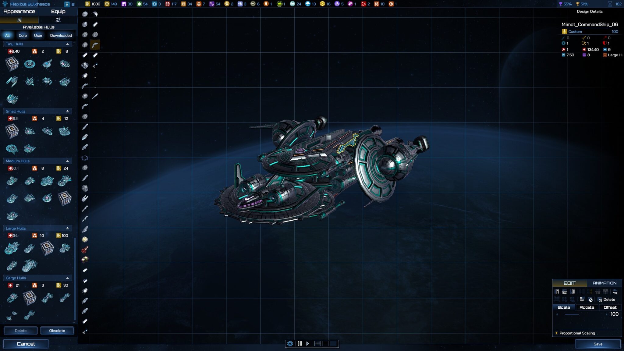 (The ship designer offers a lot of freedom in terms of appearance and equipment.)