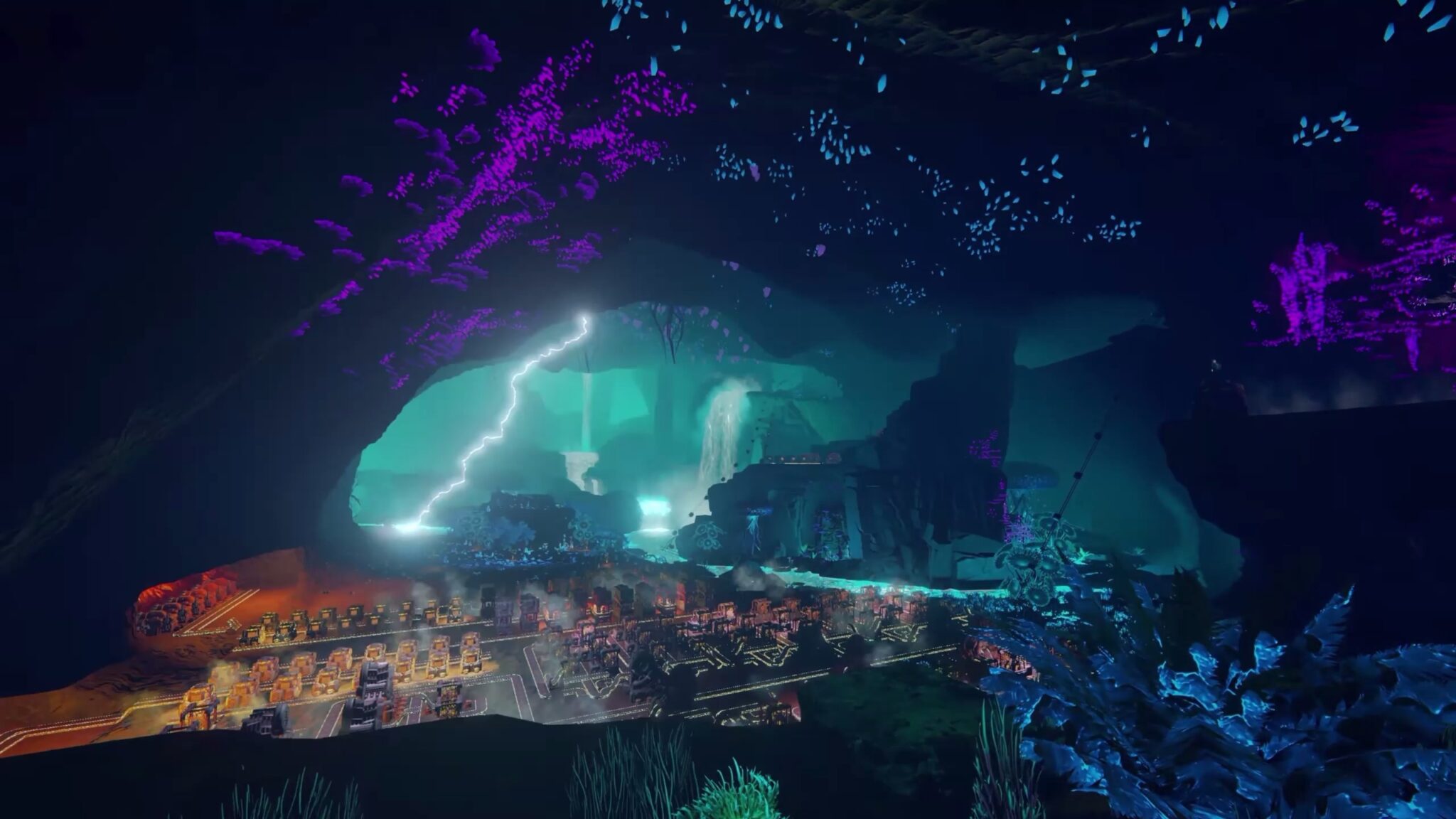(Techtonica's underground caverns are reminiscent of Skyrim's Blackreach cavern. The lightning in the background suggests weather phenomena and disasters).
