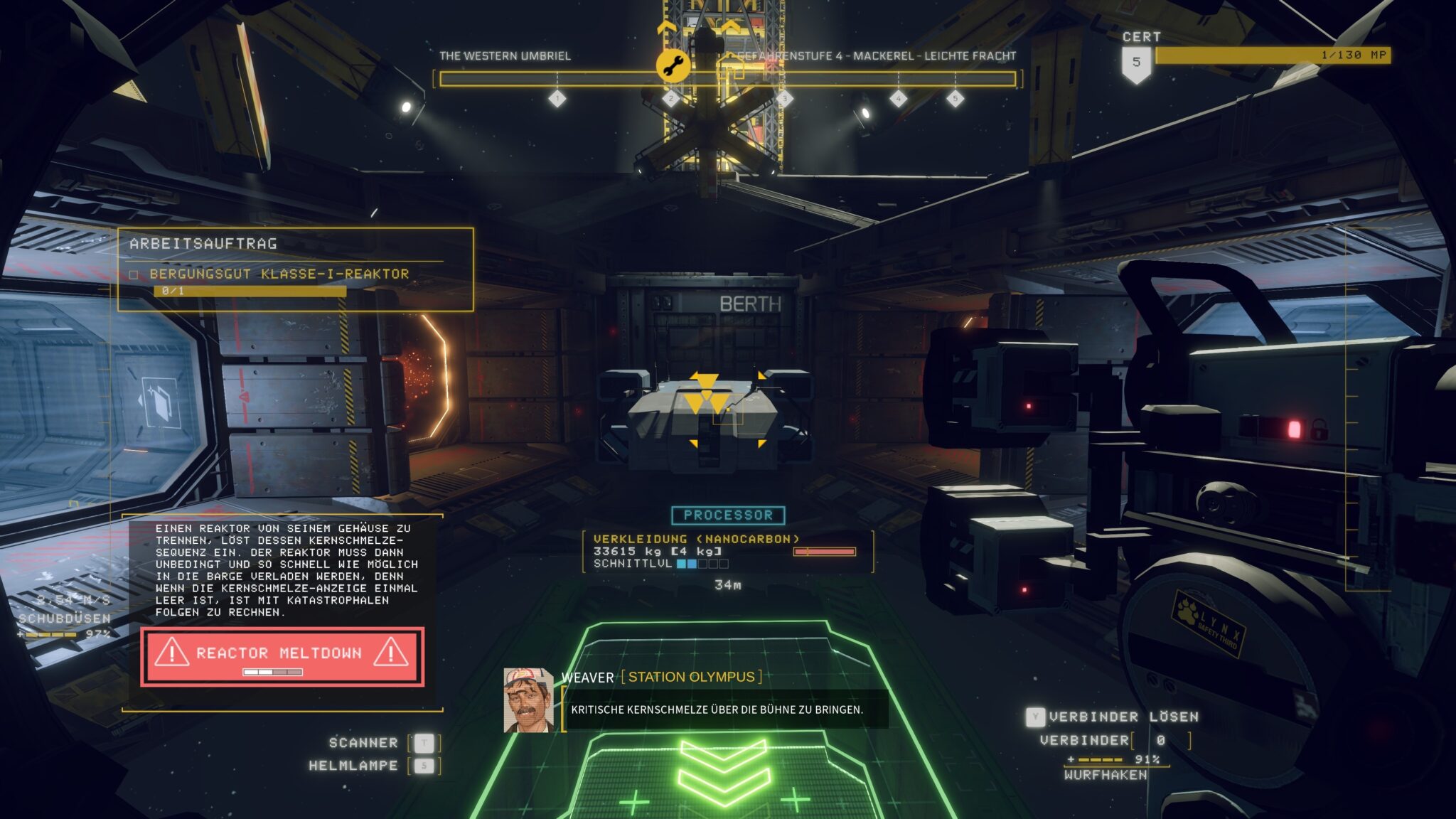 (This is how each shift starts: in the middle our scrapping victim (here a light freighter), left and right each a blue recycler shaft and orange smelter, below the green marked freighter for components. And off we go!)