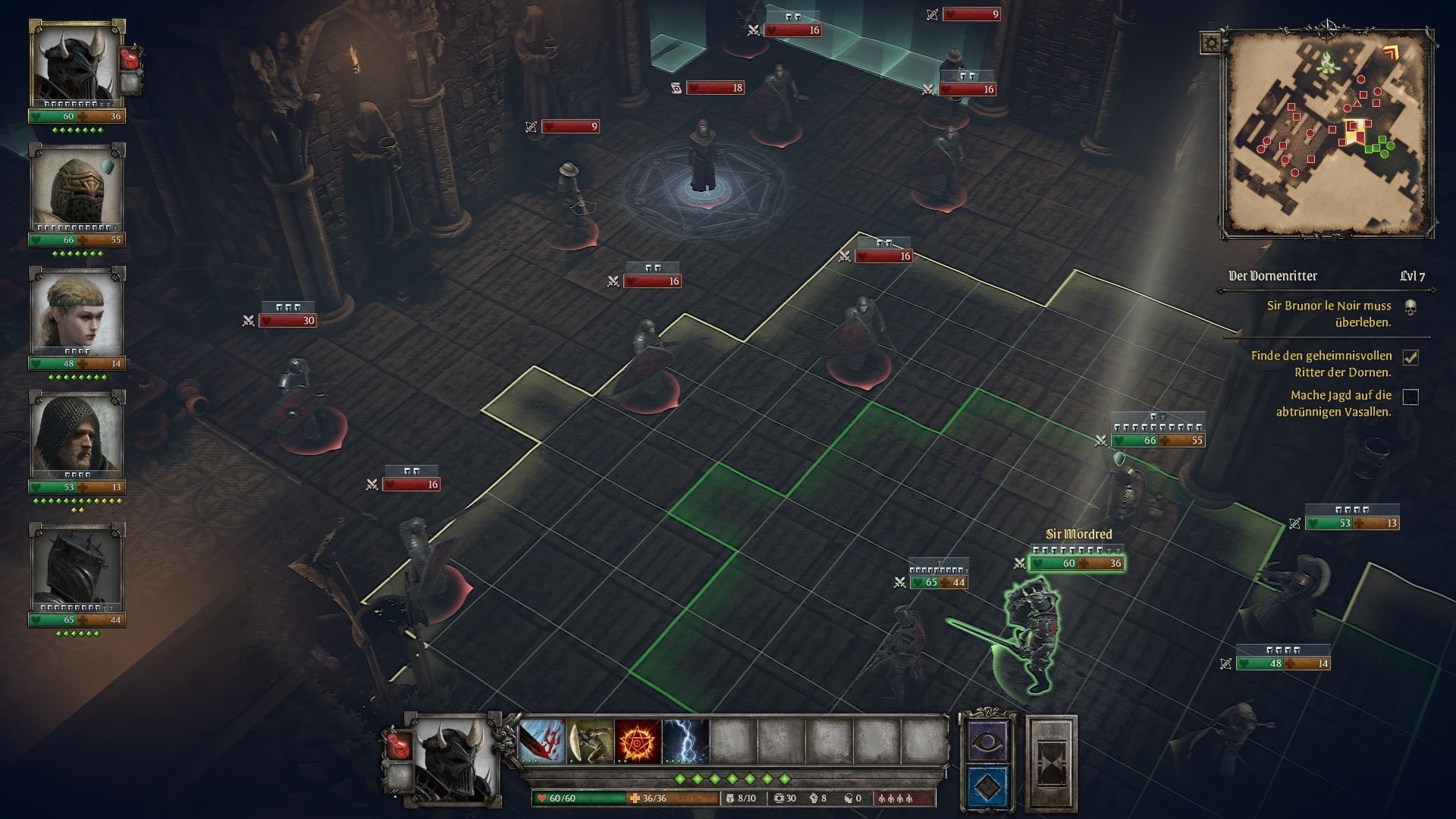 (On contact with the enemy, the game switches to turn mode. At the bottom of the screen we see in green how many action points the selected hero has. Once we have made our group's moves, it's the enemy's turn.)