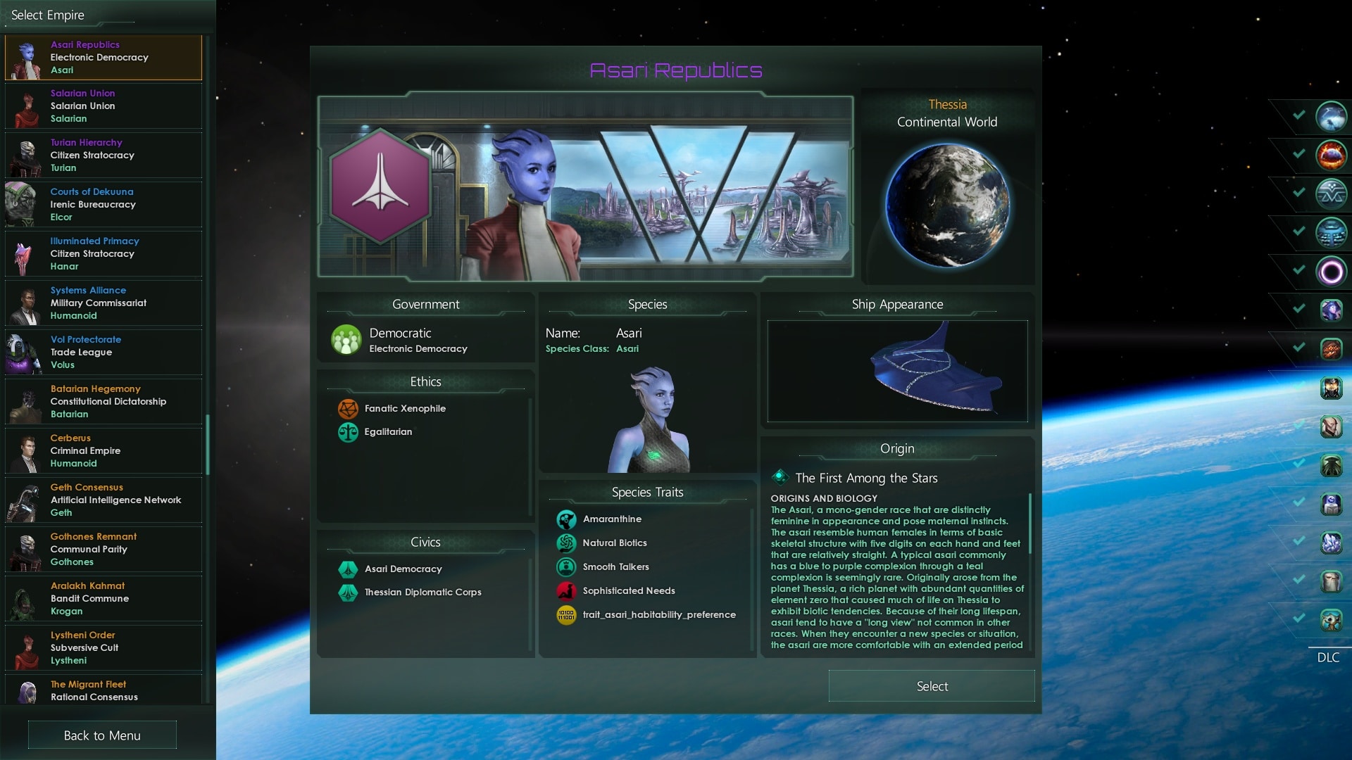 (All known factions such as the Asari have been faithfully reproduced in the game.)