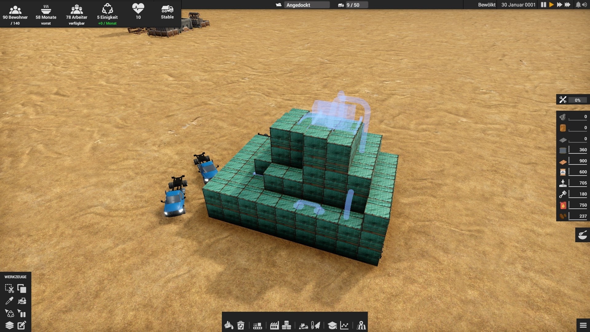 (Building animations consist of turquoise containers mysteriously emerging from the ground and tracing the rough shape of the building. This looks ... interesting looking.)