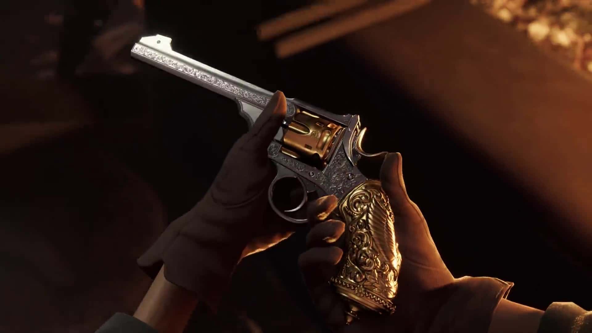 (In Nightingale kun je je eigen wapens maken, zoals deze mooie glimmende revolver.)