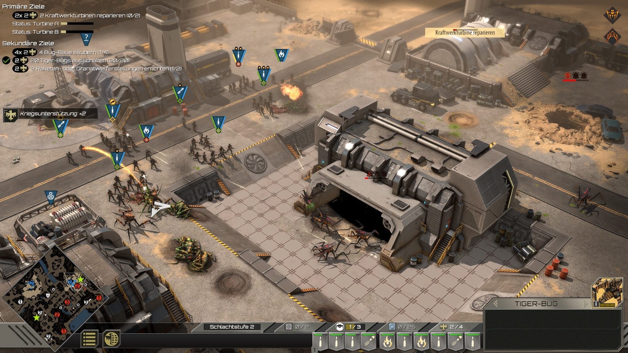 (Starship Troopers: Terran Commandでは、ほとんどの場合4から10の分隊を指揮し、与えられた目的（主にバグをマップから一掃すること）を達成しようとします。) 