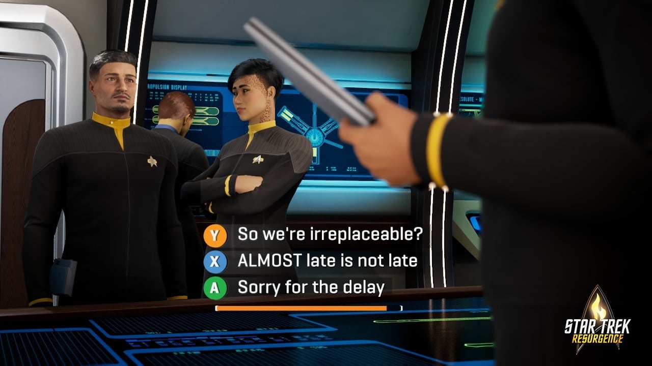 (Multiple choice dialogues are the heart of Star Trek: Resurgence. At the latest when the time (orange bar) is up, you have to choose an answer).