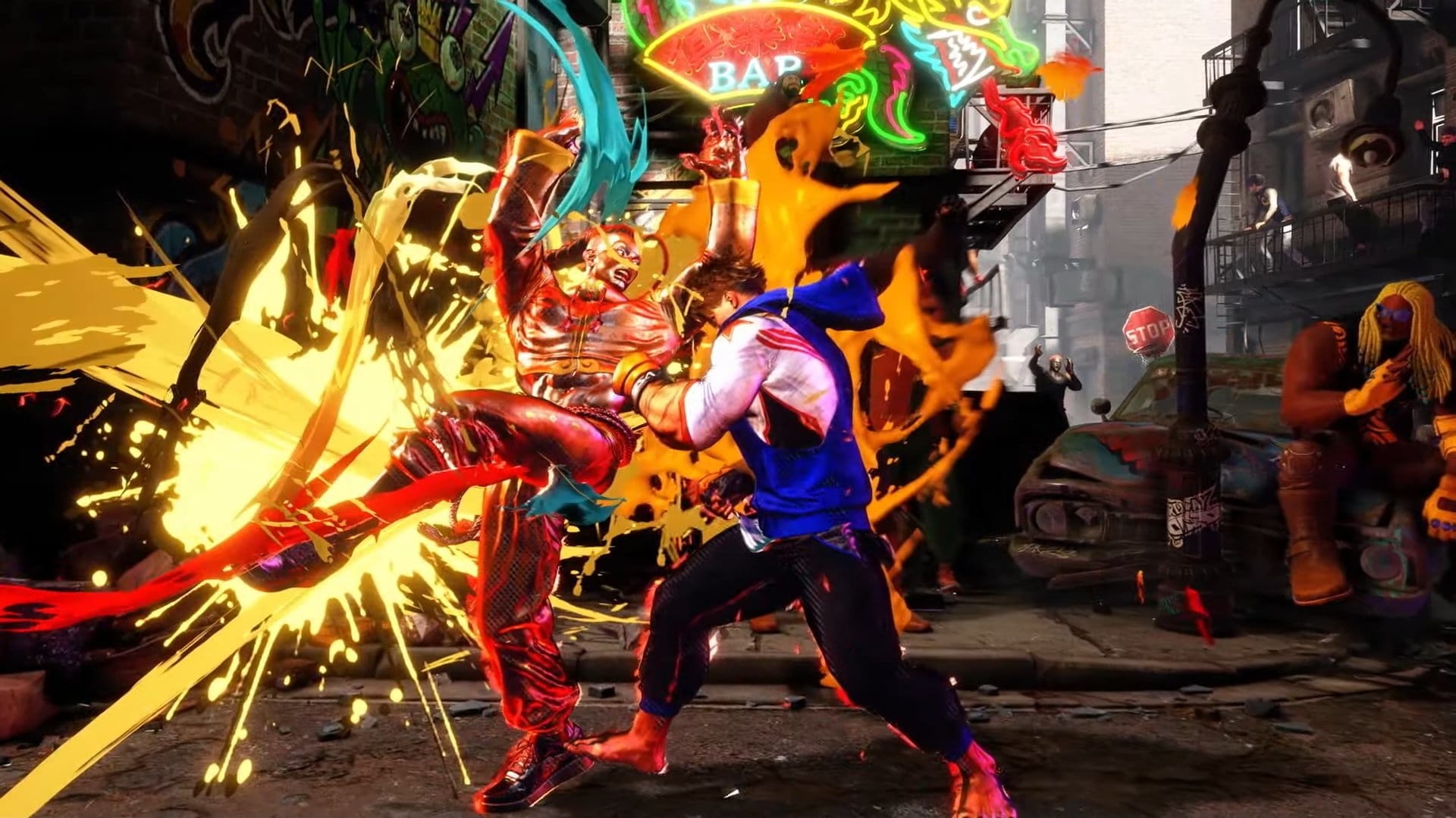 (Street Fighter 6 łączy bardziej realistyczny wygląd środowiska ze stylowymi przebłyskami kolorów)