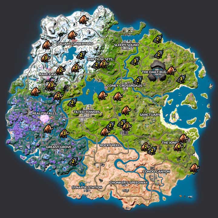 (在《堡垒之夜》的地图上到处都可以找到狼和野猪。(Source: fortnite.gg))