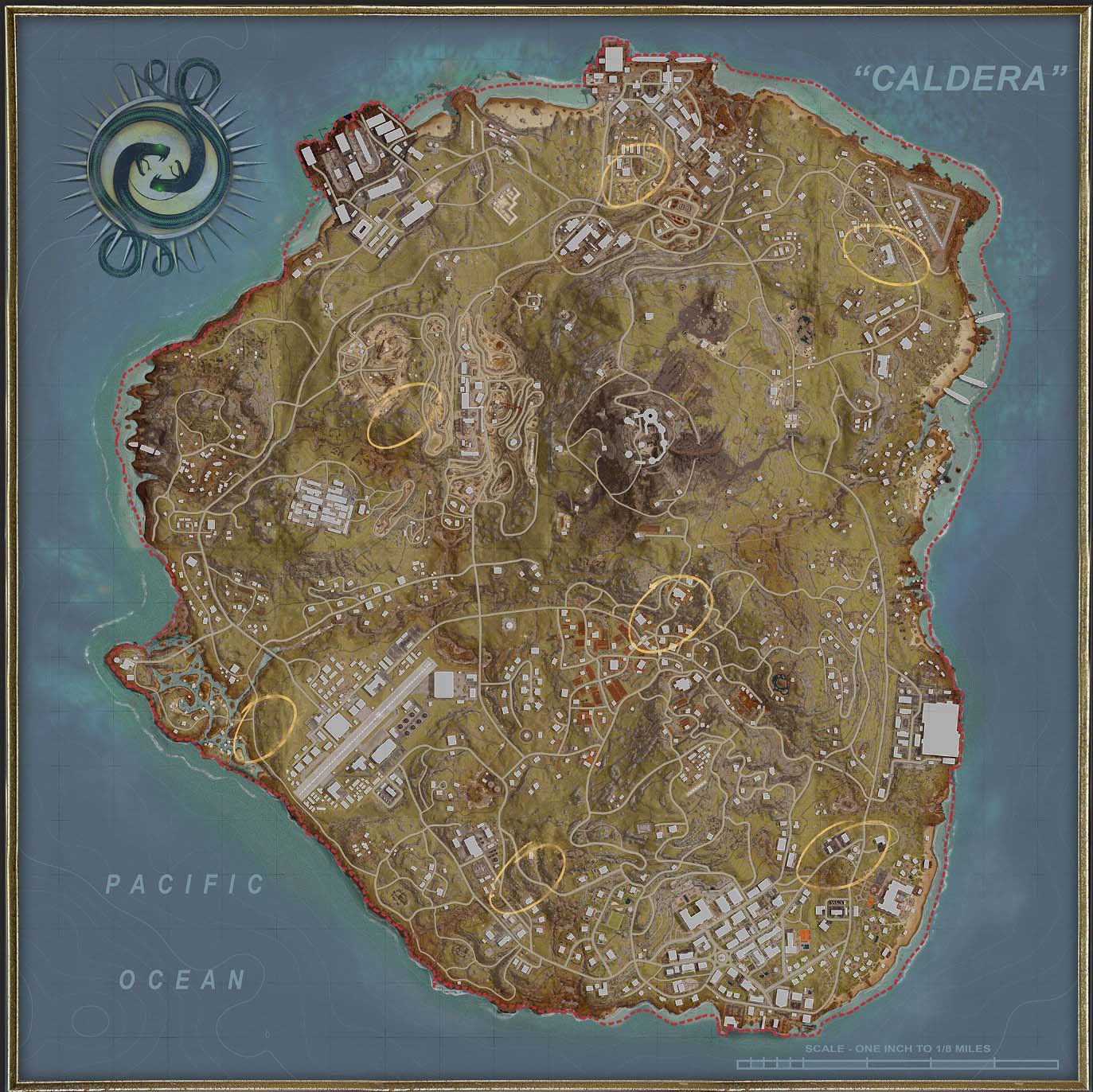 (The yellow circles mark the locations of the bunkers on Caldera. The symbol at the top left is also important.)