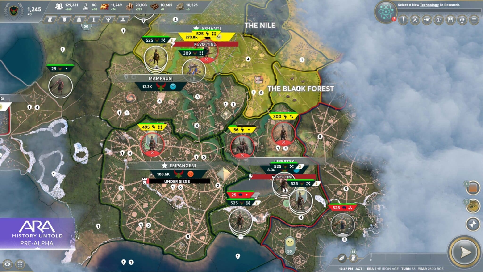 (There is much more to see on this screenshot. We recognise first units like swordsmen, light horsemen and catapults. We also get an idea of how the areas are divided into small sectors. Apparently Ara also works with districts. Famous landmarks are also visible).