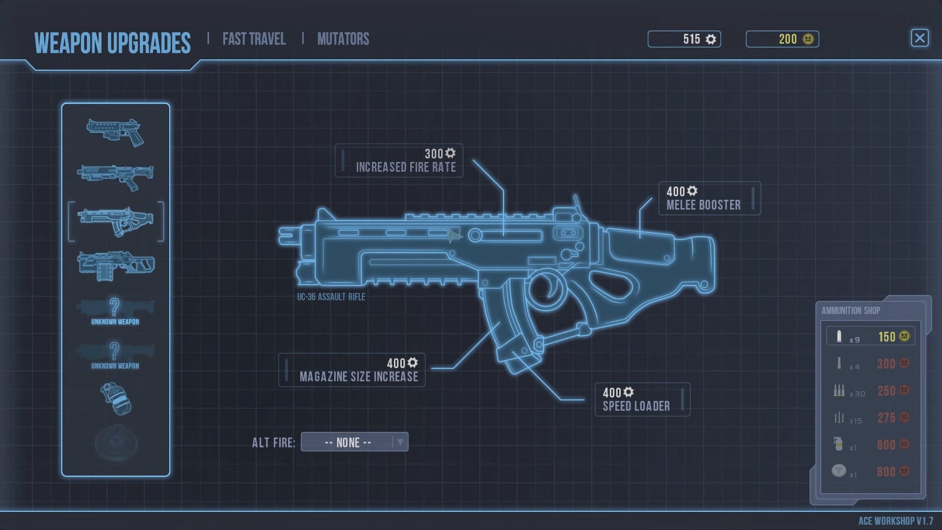 (We can also modify all our weapons to unlock alternative firing modes, for example).