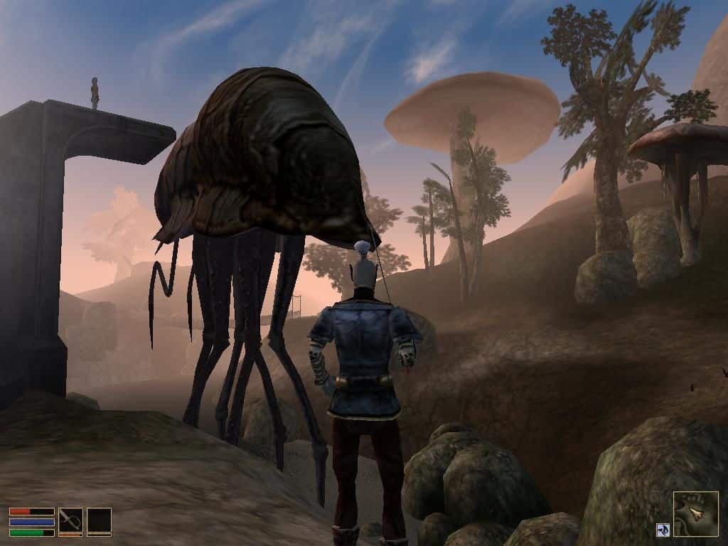 (Morrowind (2002)的背景是Vvardenfell，有其特有的步行者和巨大的蘑菇。)