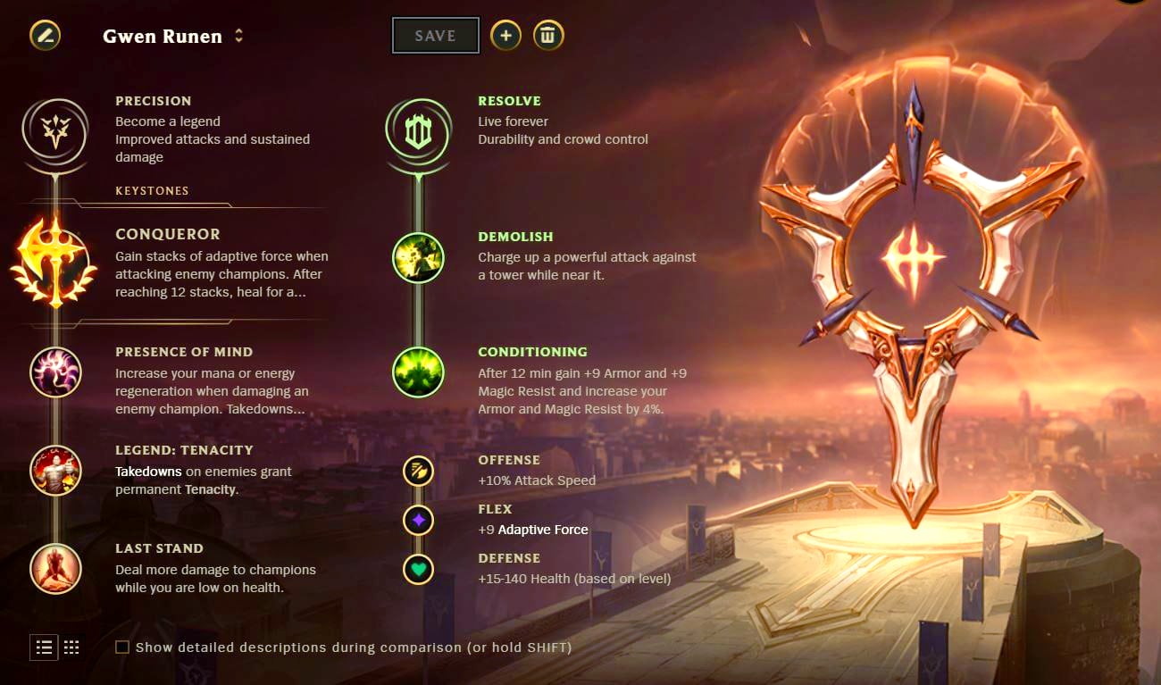 (De huidige meest populaire runes voor Gwen op patch 12.13. Bron: League of Legends.)